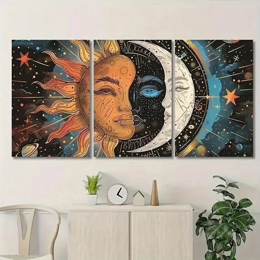 3pcs Sun and Moon Motifs Space Abstract Perfect Wall Art Set Canvas Framed 40x60cm - High Quality Print 100% Australian Made Wall Canvas Ready to Hang