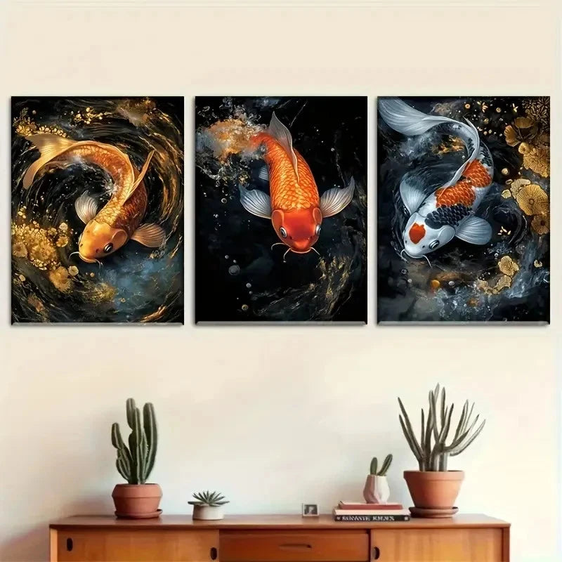 3pcs Dynamic Koi Fish Vibrant with Water Scene Metal Print Ready to Hang Art