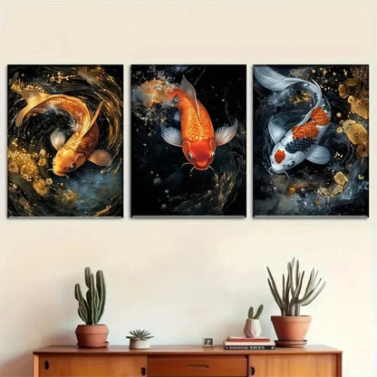 3pcs Dynamic Koi Fish Vibrant with Water Scene Metal Print Ready to Hang Art