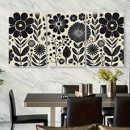 3pcs Minimalist Black and Beige Floral Metal Print Ready to Hang Art