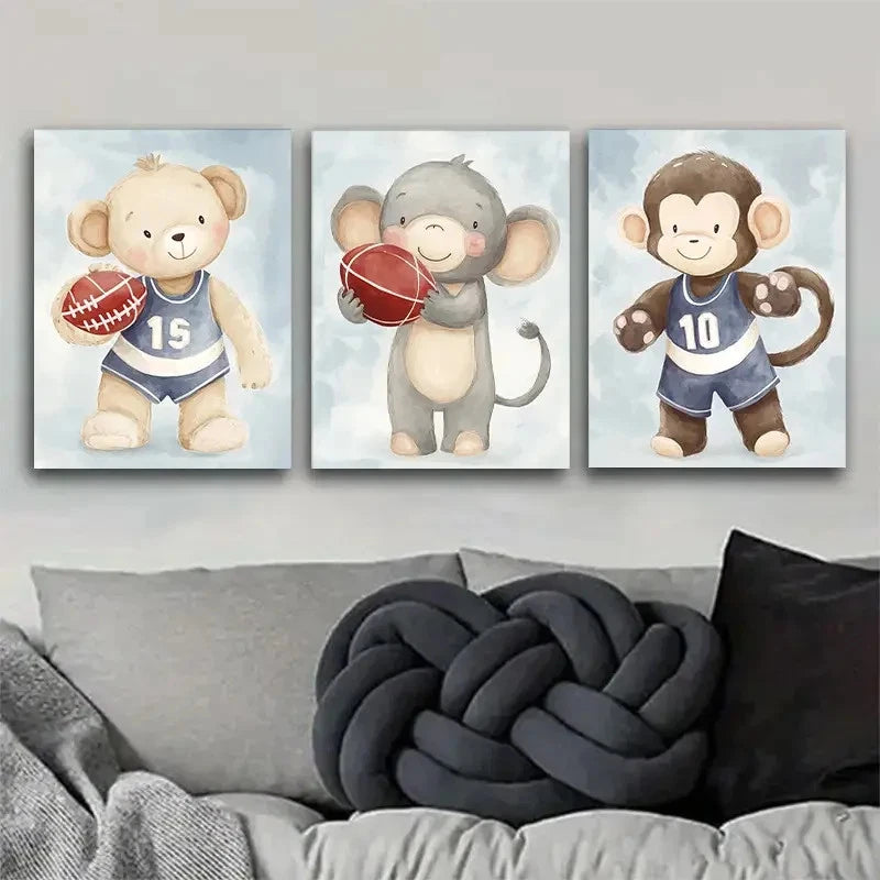 3pcs Cute Animal Basketball Gear & Sports Theme Metal Print Ready to Hang Art