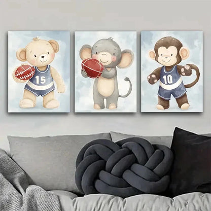 3pcs Cute Animal Basketball Gear & Sports Theme Metal Print Ready to Hang Art