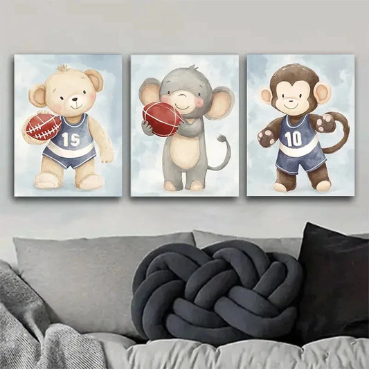 3pcs Cute Animal Basketball Gear & Sports Theme Metal Print Ready to Hang Art