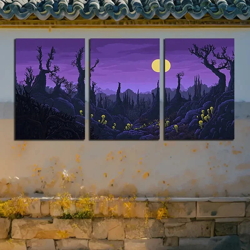 3pcs Purple Planet Ruins Theme Design Metal Print Ready to Hang Art