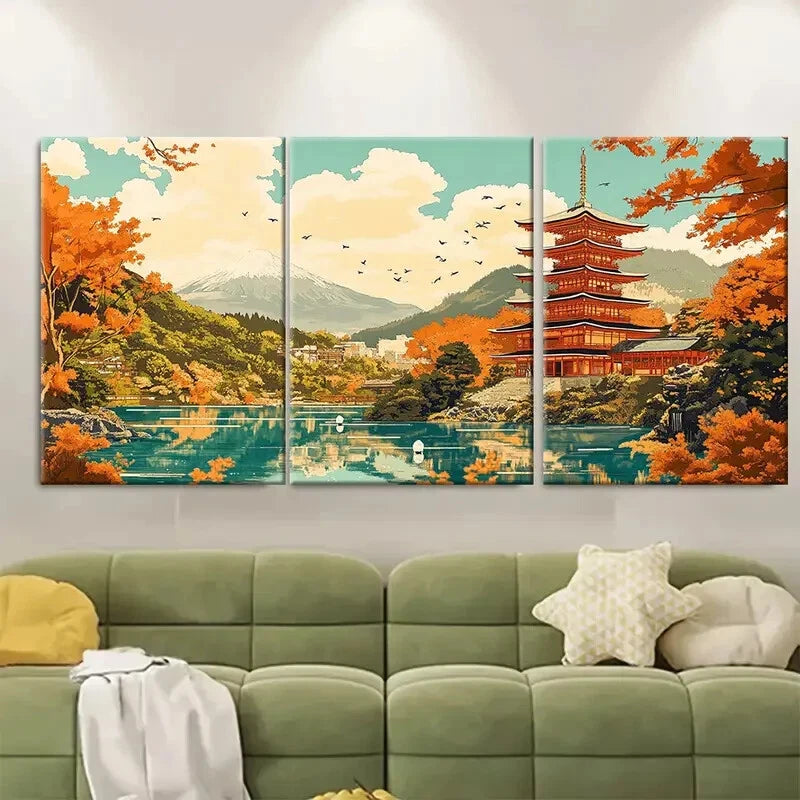 3pcs Japanese Autumn Vibrant Maple Trees Landscape Metal Print Ready to Hang Art