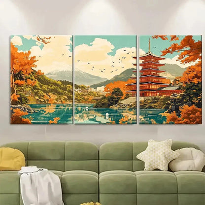 3pcs Japanese Autumn Vibrant Maple Trees Landscape Metal Print Ready to Hang Art