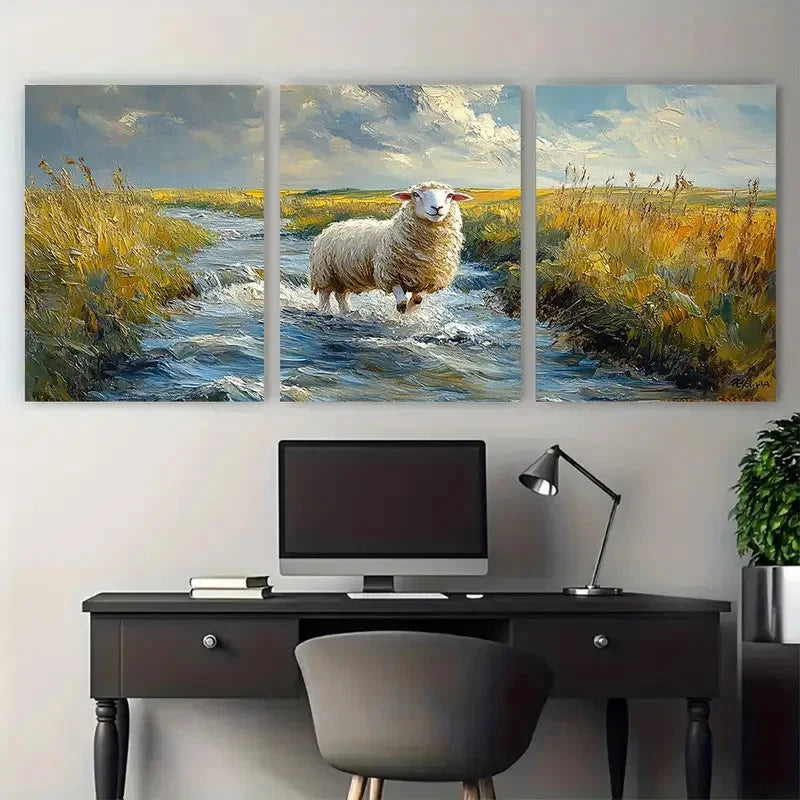 3pcs Rolling Hills Sheep Landscape Tranquil Farm Metal Print Ready to Hang Art