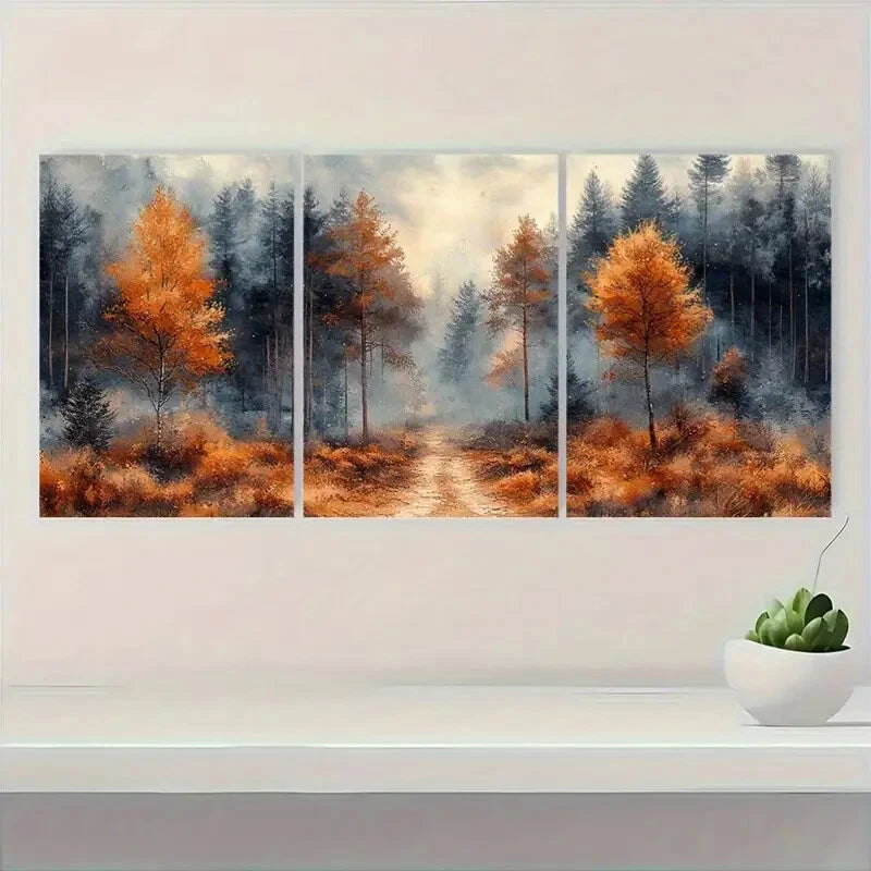 3pcs Woodland Watercolor with Elegant Brown Trees Metal Print Ready to Hang Art