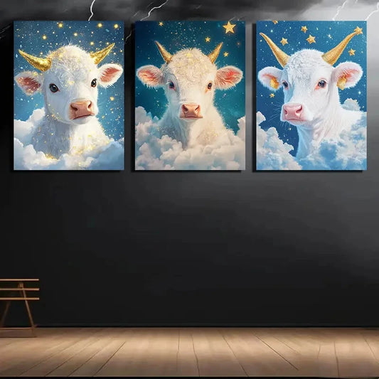 3pcs Starry Night Animal Trio Cow Metal Print Ready to Hang Art