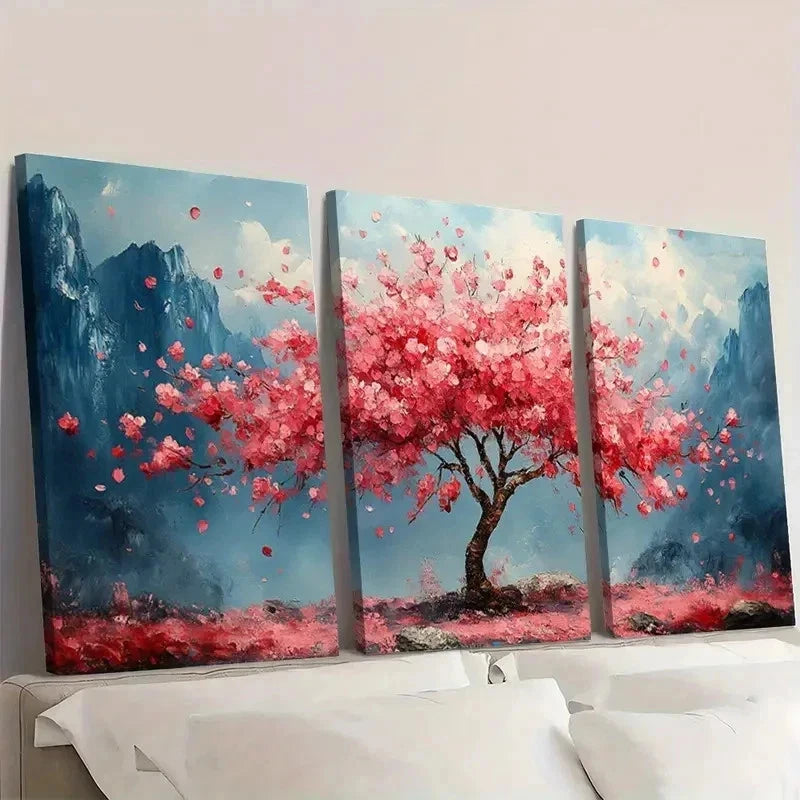 3pcs Pink Sakura Tree & Mountain Landscape K    Wall Art Set Canvas Framed 40x60cm - High Quality Print 100% Australian Made Wall Canvas Ready to Hang