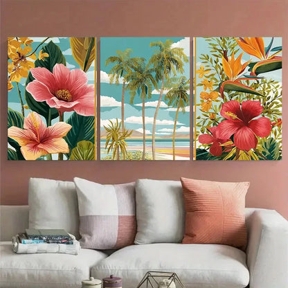 3pcs Lanzarote Travel Beach Floral Illustration Wall Art Set Canvas Framed 40x60cm - High Quality Print 100% Australian Made Wall Canvas Ready to Hang