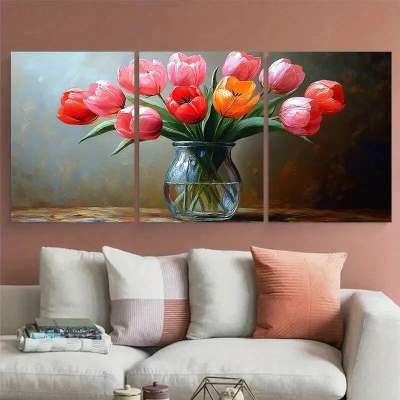 3pcs Still Life Tulip Flower in Glass Vase Metal Print Ready to Hang Art