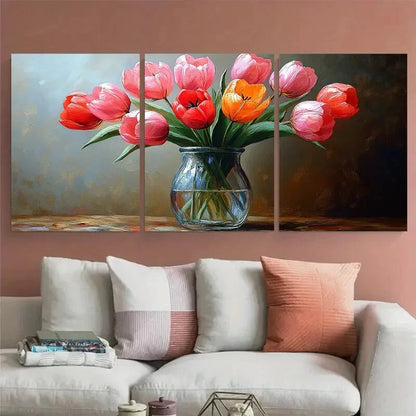 3pcs Still Life Tulip Flower in Glass Vase Metal Print Ready to Hang Art