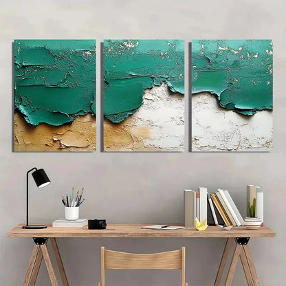 3pcs Abstract Green & White Textured Metal Print Ready to Hang Art