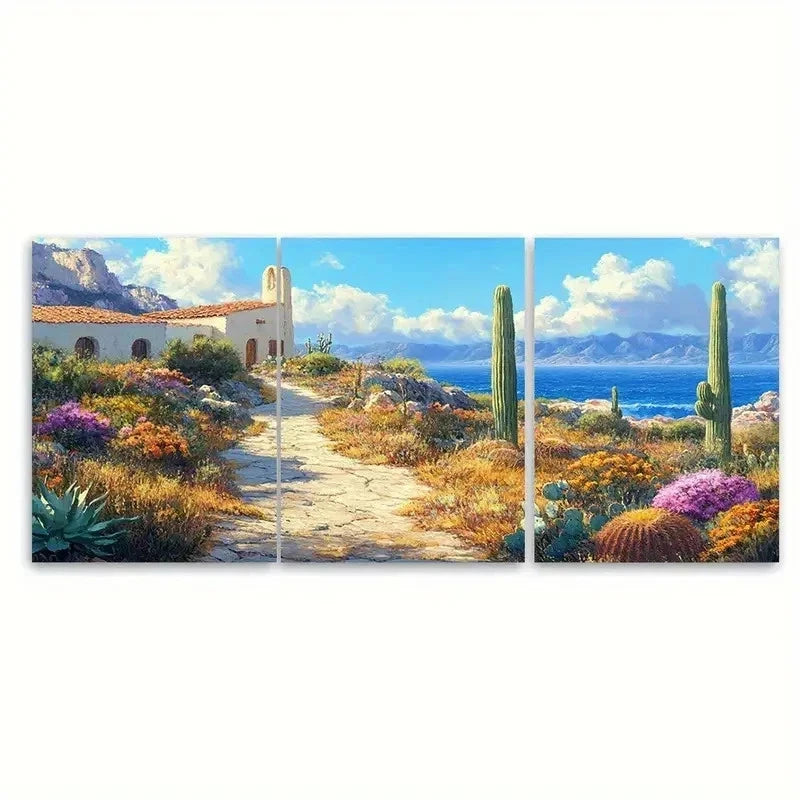 3pcs Mexican Adobe Desert Cactus Landscape Metal Print Ready to Hang Art