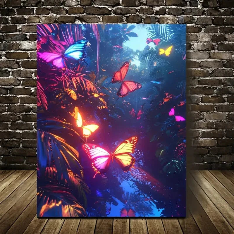 Vibrant Butterfly Jungle Painting  40x60cm Metal Print Ready to Hang