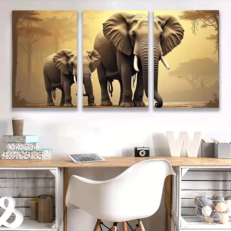 3pcs Majestic Elephant Family Walking Wall Art Set Canvas Framed 40x60cm - High Quality Print 100% Australian Made Wall Canvas Ready to Hang
