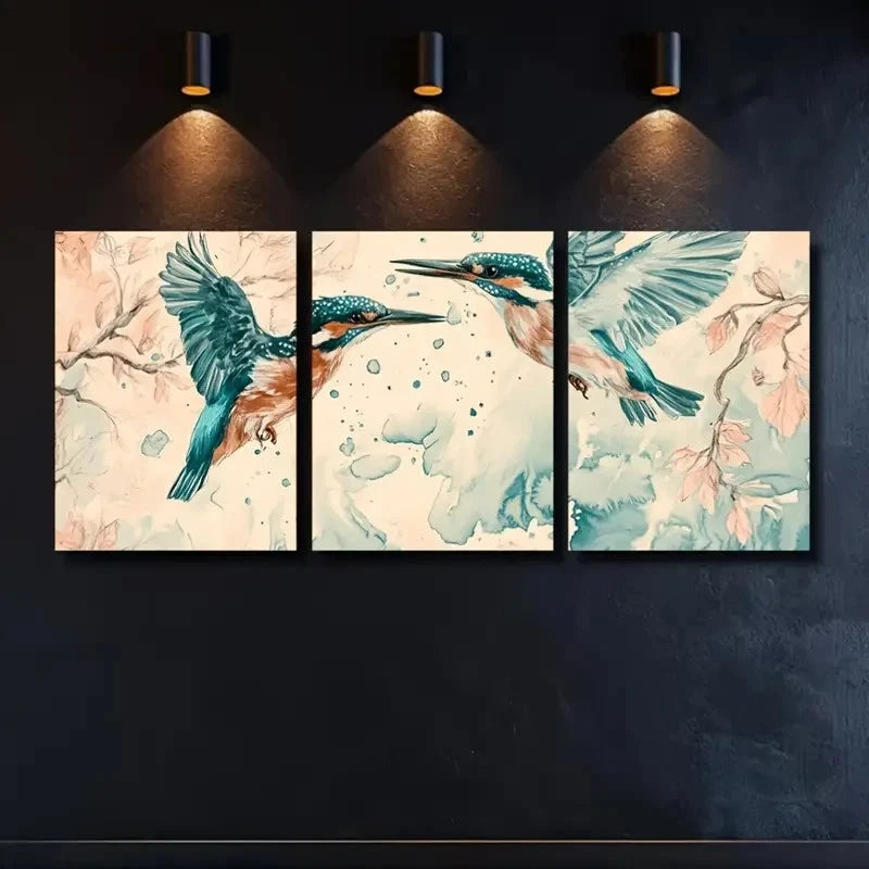 3pcs Vibrant Abstract Bird & Floral Painting Metal Print Ready to Hang Art