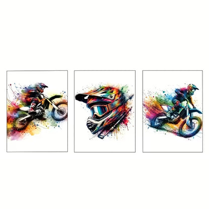 3pcs Watercolor Motocross Decor Wall Art Set Canvas Framed 40x60cm - High Quality Print 100% Australian Made Wall Canvas Ready to Hang