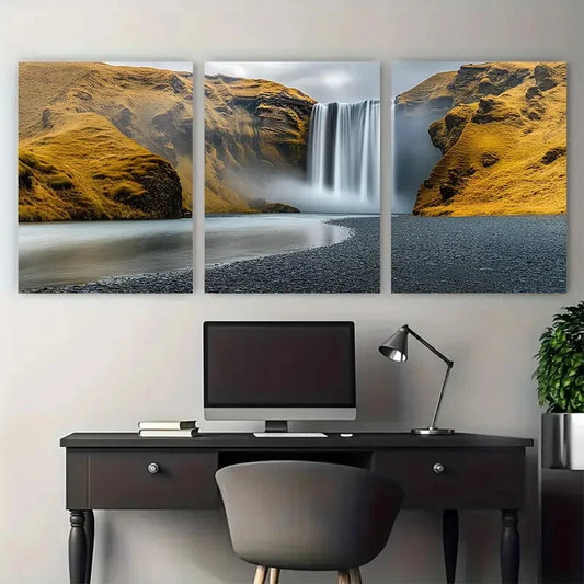 3pcs Dramatic Cloudy Sky & Lush Greenery Waterfall Metal Print Ready to Hang Art