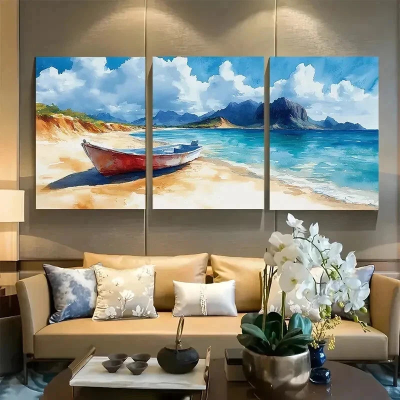 3pcs Spanish Island, Galapagos, Watercolor Wall Art Set Canvas Framed 50x70cm - High Quality Print 100% Australian Made Wall Canvas Ready to Hang
