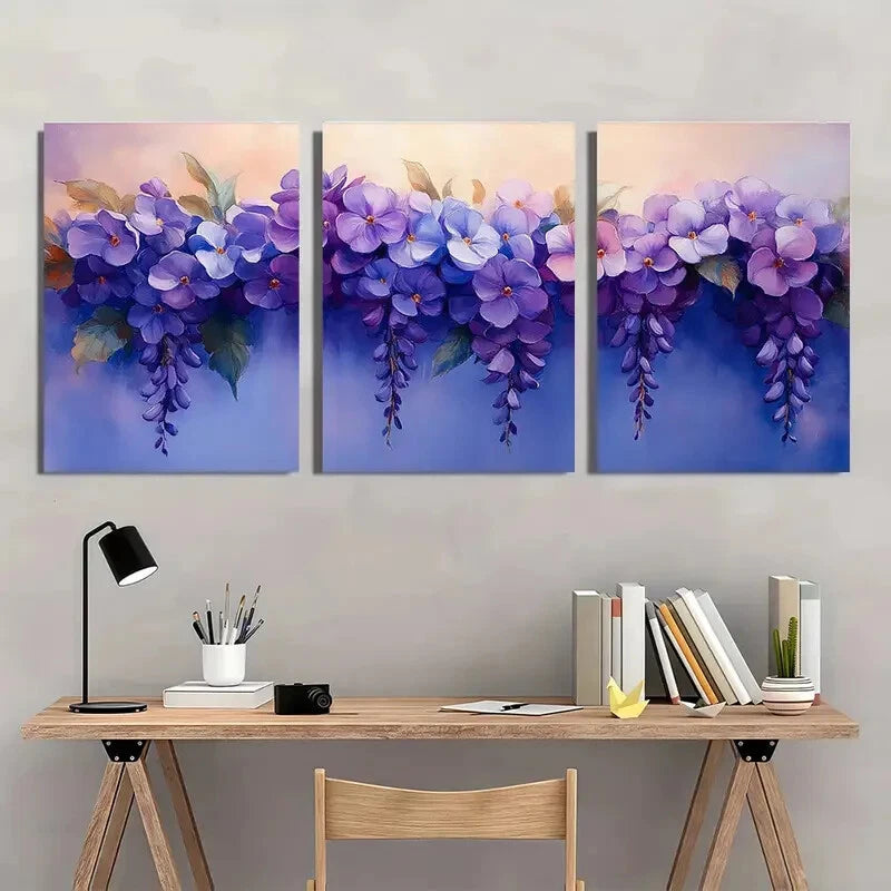 3pcs Elegant Purple Wisteria Floral Art Prints Metal Print Ready to Hang Art