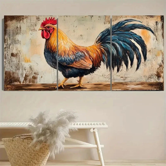3pcs Vibrant Retro Chicken Farmhouse Illustration Metal Print Ready to Hang Art