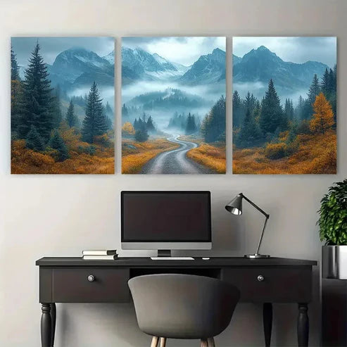3pcs Winding Road Misty Rocky Mountains – Wall Art Canvas Unframed – High Quality Print 100% Australian Made Wall Canvas
