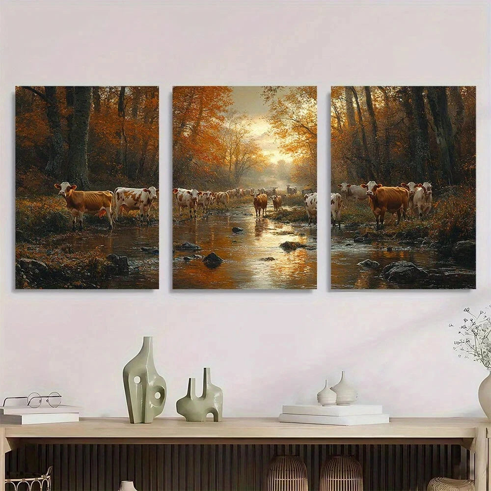 3pcs Rustic Autumn Cows by Stream Vintage Metal Print Ready to Hang Art