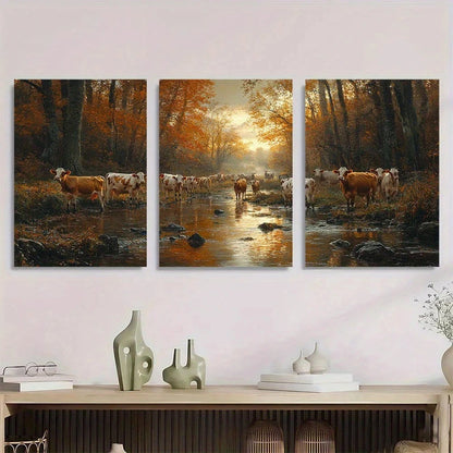 3pcs Rustic Autumn Cows by Stream Vintage Metal Print Ready to Hang Art