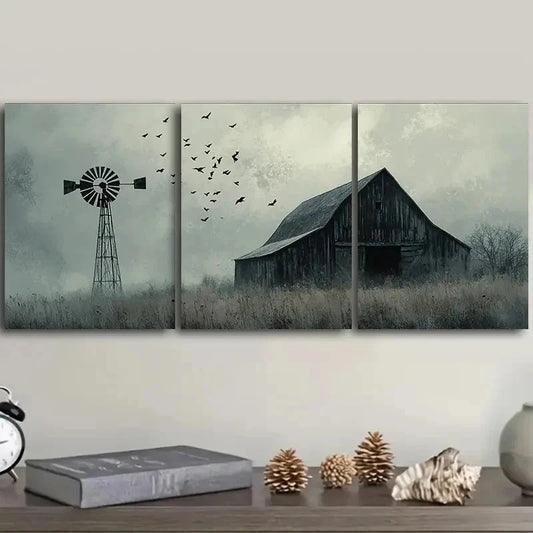 3pcs Black & White Barns and Windmills Wall Art Set Canvas Framed 40x60cm - High Quality Print 100% Australian Made Wall Canvas Ready to Hang
