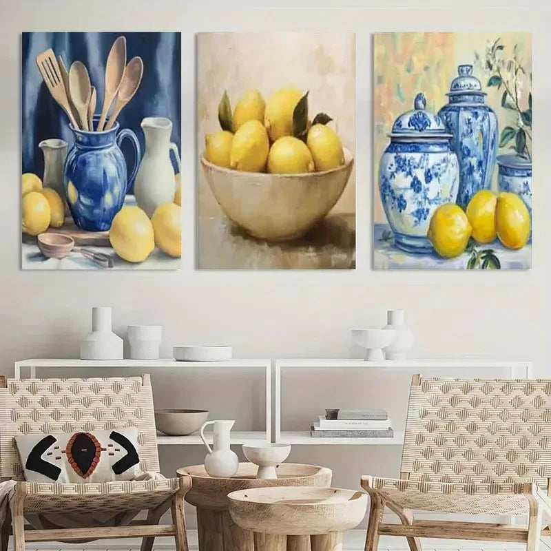 3pcs Painting Kitchen Yellow Lemon Metal Print Ready to Hang Art