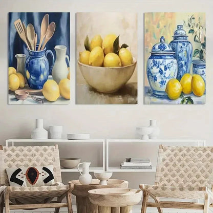 3pcs Painting Kitchen Yellow Lemon Metal Print Ready to Hang Art