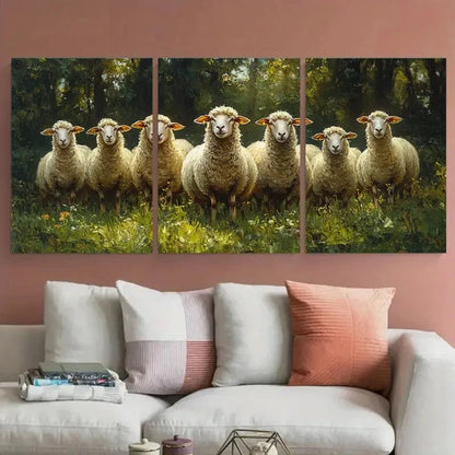 3pcs Rustic Sheep with Green Meadow and Sunlit Metal Print Ready to Hang Art