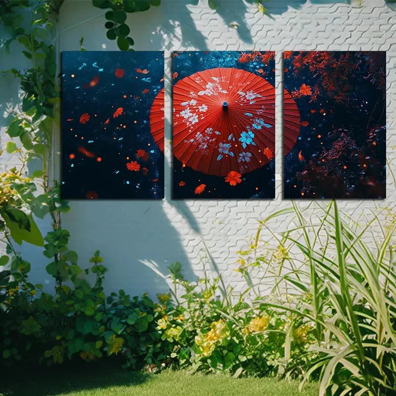 3pcs Red Flower Paper Umbrella Metal Print Ready to Hang Art