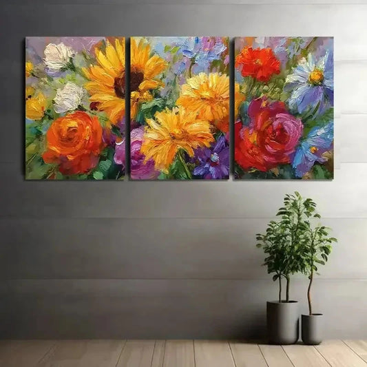 3pcs Retro Art Painting of Colorful Flower Metal Print Ready to Hang Art