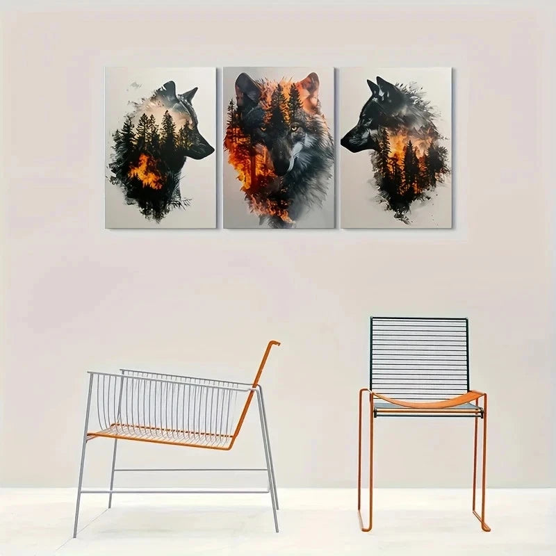 3pcs Wolf Silhouette Forest Modern Metal Print Ready to Hang Art