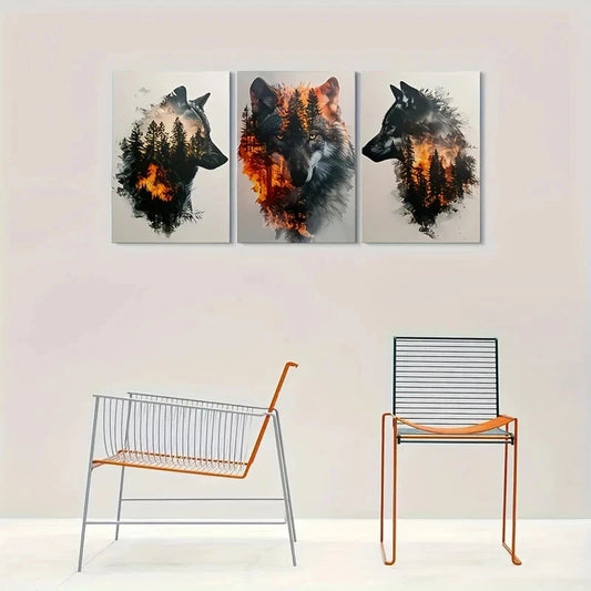 3pcs Wolf Silhouette Forest Modern Metal Print Ready to Hang Art