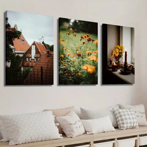 3pcs Autumn Rooftop Cottage Plant And Flower Wall Art Set Canvas Unframed - High Quality Print 100% Australian Made Wall Canvas