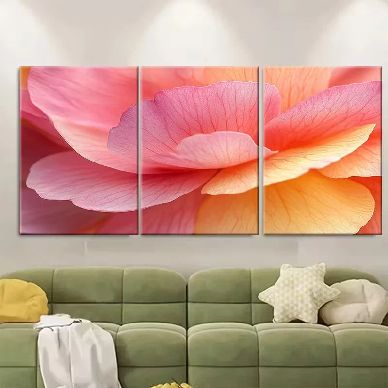3pcs Contrast Pink And Yellow Petals Close Up Metal Print Ready to Hang Art