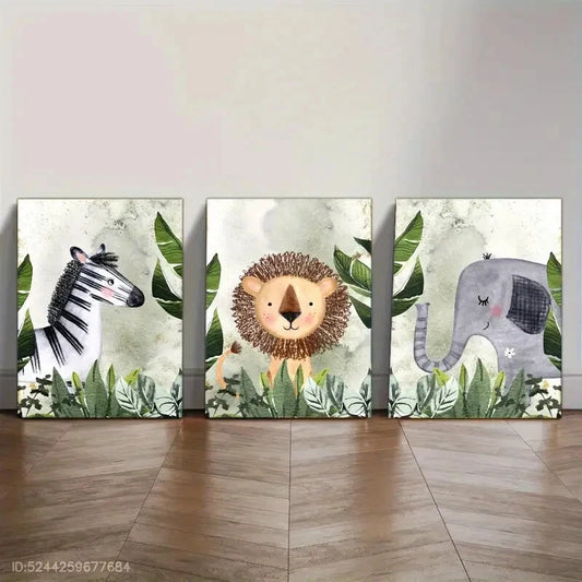3pcs Zebra Lion Elephant in Forest Watercolor Metal Print Ready to Hang Art
