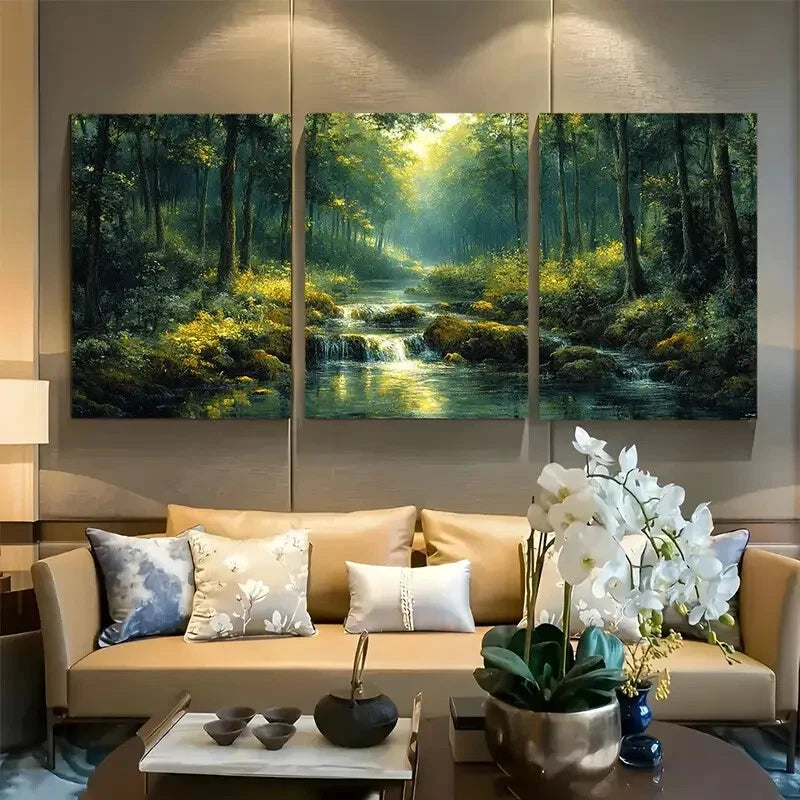 3pcs Dense Forest Flowing Stream Towering Trees Metal Print Ready to Hang Art