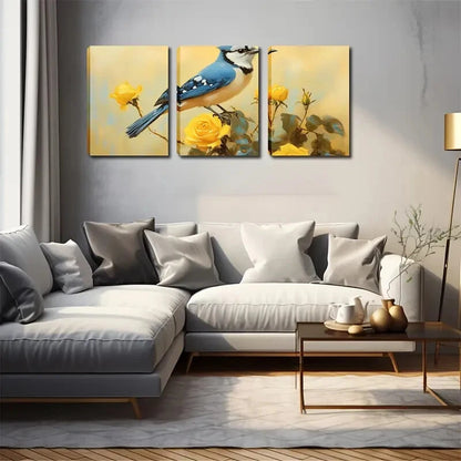 3pcs Crested Blue Jay Yellow Rose Branch Perfect Wall Art Set Canvas Framed 40x60cm - High Quality Print 100% Australian Made Wall Canvas Ready to Hang
