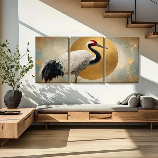 3pcs Elegant Crane Art Golden Circle Design Metal Print Ready to Hang Art