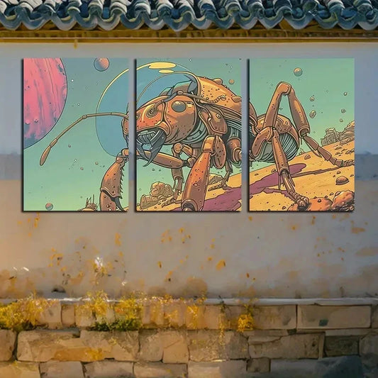 3pcs Ant-Inspired Robotic Illustration Metal Print Ready to Hang Art