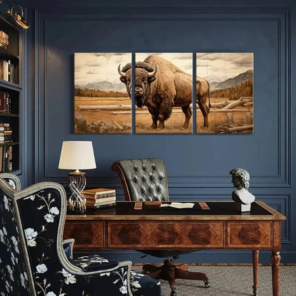 3pcs Bison Landscape Art Mountain Wildlife Scene Metal Print Ready to Hang Art