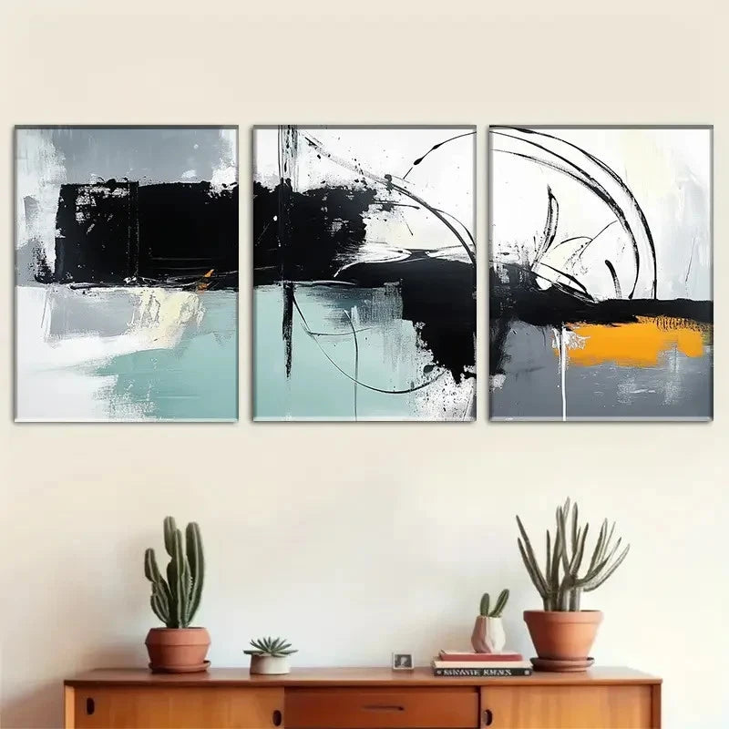 3pcs Abstract Black White Teal and Orange Metal Print Ready to Hang Art