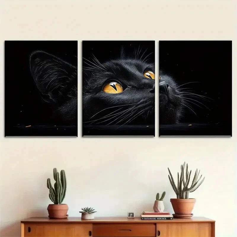 3pcs Black Cat Golden Eyes Feline Portrait Metal Print Ready to Hang Art