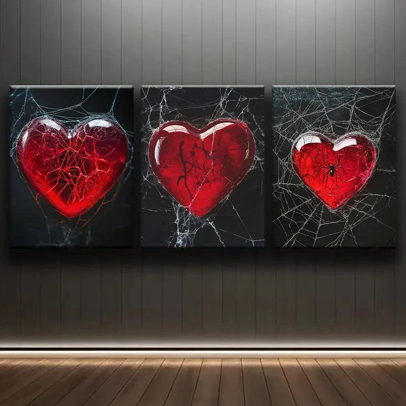 3pcs Luxurious Red Heart Design Metal Print Ready to Hang Art
