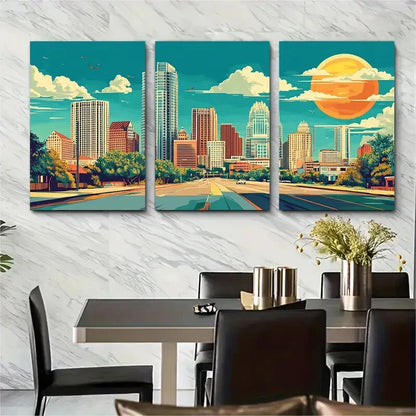 3pcs Vibrant Sunset & Skyline Design Texas Metal Print Ready to Hang Art